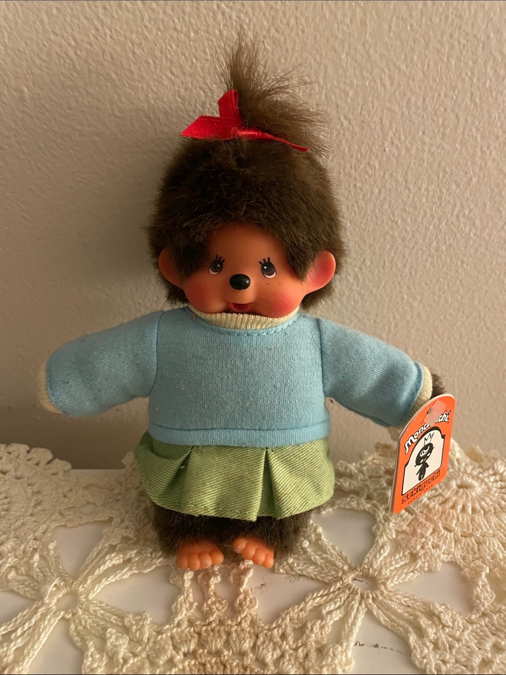 Monchhichi Girl Plush Doll in Light Blue & Green